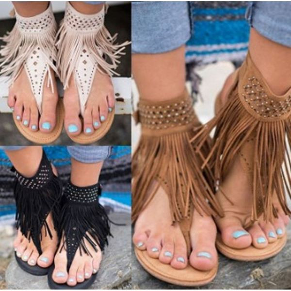 Sandale casual dama cu franjuri in trei culori si talpa plata