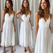 Rochie lunga de dama eleganta cu bretele subtiri in alb si galben