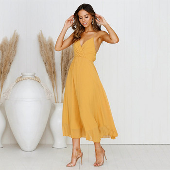 Rochie lunga de dama eleganta cu bretele subtiri in alb si galben