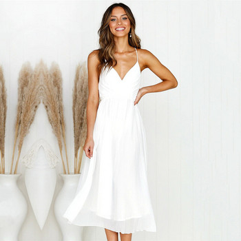 Rochie lunga de dama eleganta cu bretele subtiri in alb si galben