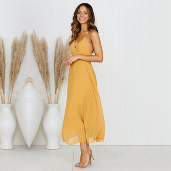 Rochie lunga de dama eleganta cu bretele subtiri in alb si galben