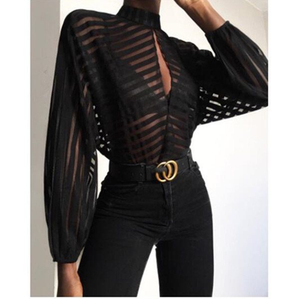 Cămașă transparentă de damă cu mâneci largi de culoare neagră