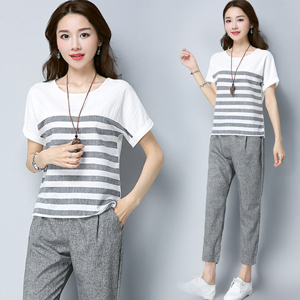 Set casual pentru femei din două părți, inclusiv un tricou și pantaloni de culoare gri