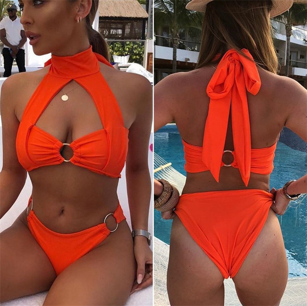 Costum de baie de damă din două piese cu decor metalic portocaliu