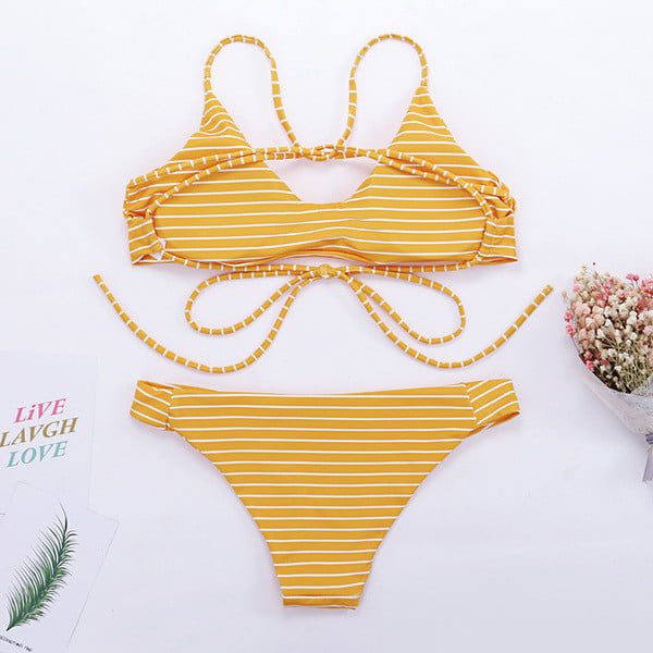 Costum de baie cu dungi în două părți cu legături în mai multe culori