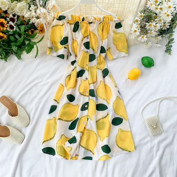 Модерна дамска рокля с къс ръкав и апликация в жълт цвят