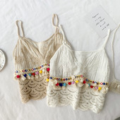 Maieu scurt de damă modern, cu bretele subțiri și ciucuri în două culori