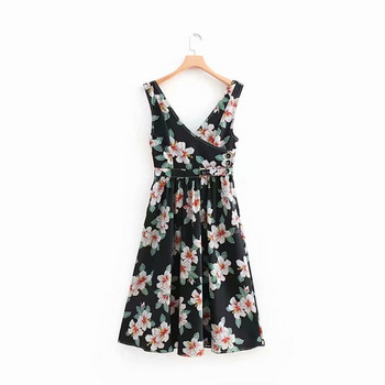 Rochie casual de dama cu decolteu in V si bretele cu model floral