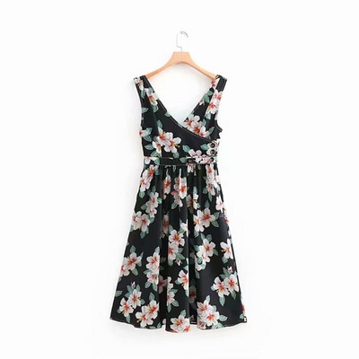 Rochie casual de dama cu decolteu in V si bretele cu model floral