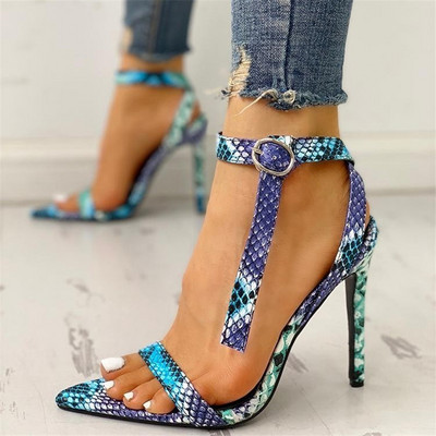 Стилни дамски сандали с висок ток в син цвят 