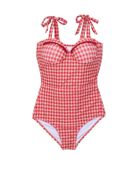 Costum de baie întreg în carouri, cu decupaje și cravate în roșu