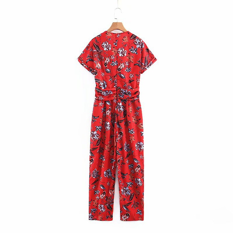 Salopetă casual de damă cu decolteu în V, mâneci scurte și curea cu model floral