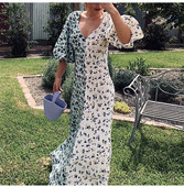 Rochie lungă de damă casual, cu decolteu adânc și mâneci scurte