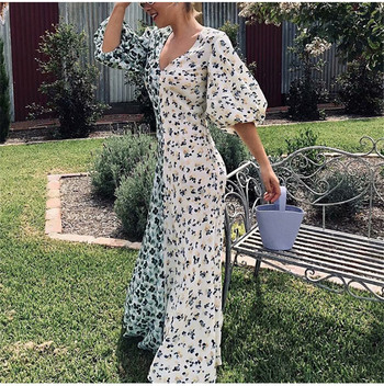 Rochie lungă de damă casual, cu decolteu adânc și mâneci scurte