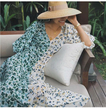 Rochie lungă de damă casual, cu decolteu adânc și mâneci scurte