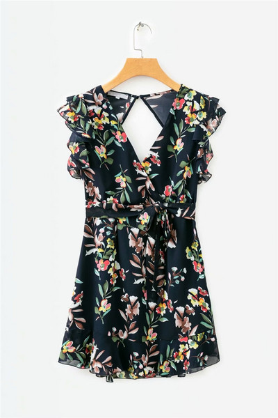 Rochie moderna de dama cu decolteu in V si motiv floral