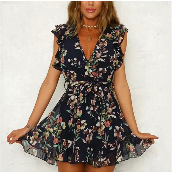 Rochie moderna de dama cu decolteu in V si motiv floral