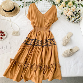 Дамска дълга рокля с V-образно деколте в няколко цвята