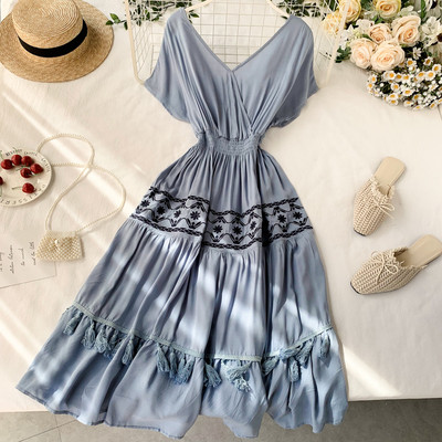 Дамска дълга рокля с V-образно деколте в няколко цвята