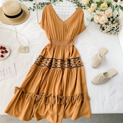 Дамска дълга рокля с V-образно деколте в няколко цвята