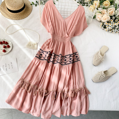 Дамска дълга рокля с V-образно деколте в няколко цвята