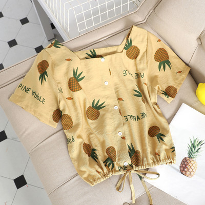 Bluză casual de damă cu mâneci scurte în două culori cu aplicație de ananas