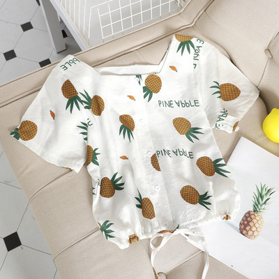 Bluză casual de damă cu mâneci scurte în două culori cu aplicație de ananas