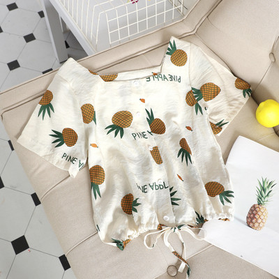 Bluză casual de damă cu mâneci scurte în două culori cu aplicație de ananas