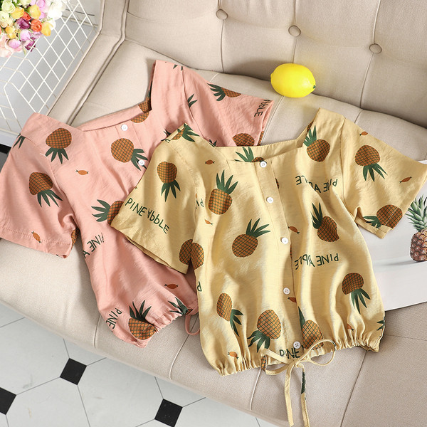 Bluză casual de damă cu mâneci scurte în două culori cu aplicație de ananas