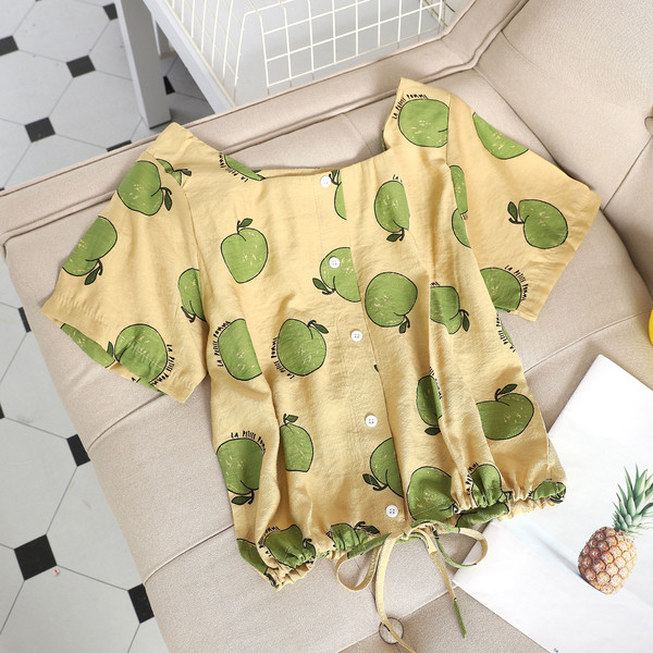 Bluză casual de damă cu mâneci scurte în două culori cu aplicație de ananas