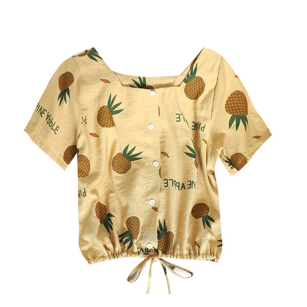 Bluză casual de damă cu mâneci scurte în două culori cu aplicație de ananas