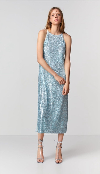 Дамска елегантна дълга рокля с тънки презрамки и пайети в син цвят