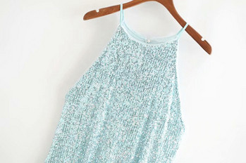 Дамска елегантна дълга рокля с тънки презрамки и пайети в син цвят