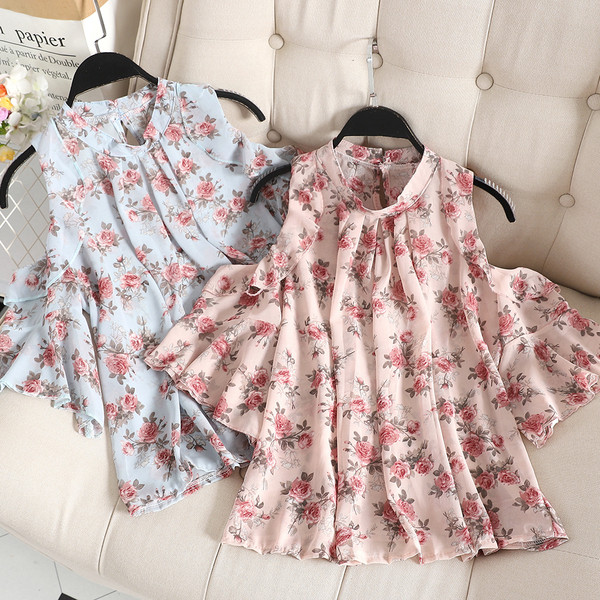 Bluza casual dama cu maneci lotus in doua culori cu model floral