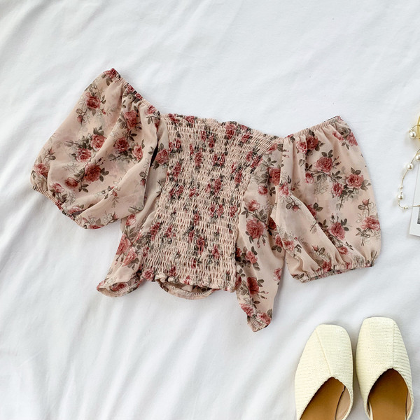 Bluza scurta dama cu model elastic si floral in mai multe culori