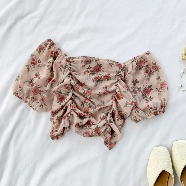 Bluza scurta dama cu model elastic si floral in mai multe culori