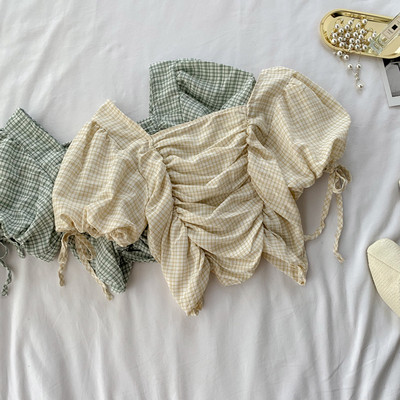 Női rövid kockás blúz gumival