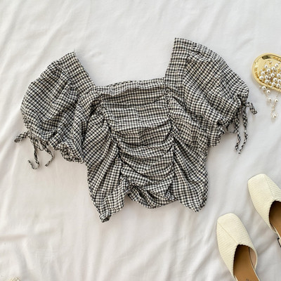 Női rövid kockás blúz gumival