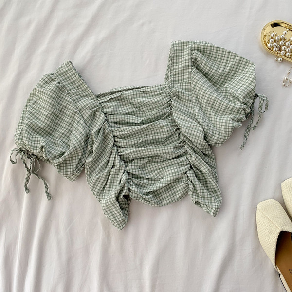 Női rövid kockás blúz gumival