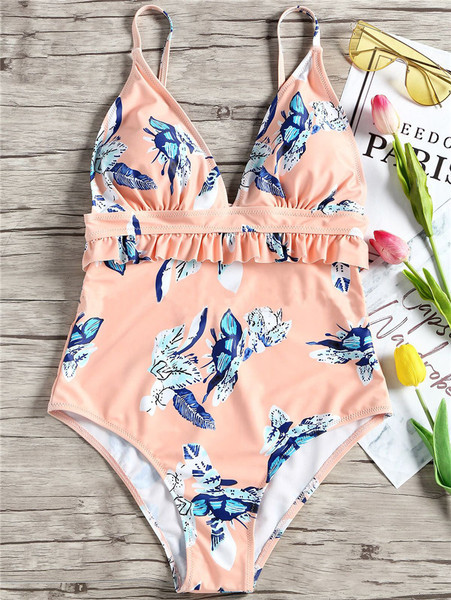 Costum de baie complet modern de culoare portocalie cu motive florale