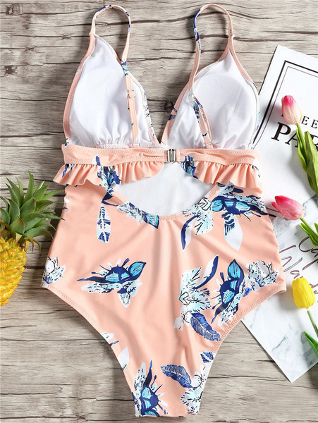 Costum de baie complet modern de culoare portocalie cu motive florale