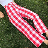 Pantaloni lungi de dama in carouri cu fermoar in rosu si albastru