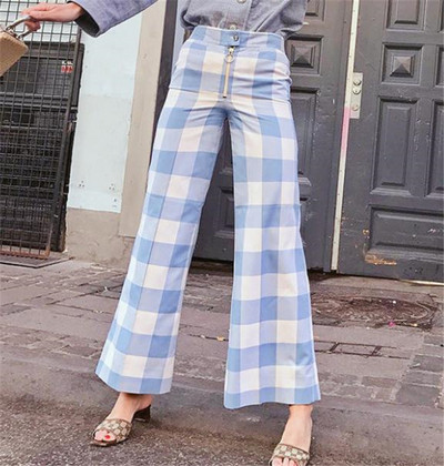 Pantaloni lungi de dama in carouri cu fermoar in rosu si albastru