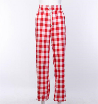 Pantaloni lungi de dama in carouri cu fermoar in rosu si albastru