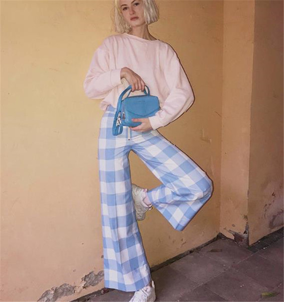 Pantaloni lungi de dama in carouri cu fermoar in rosu si albastru