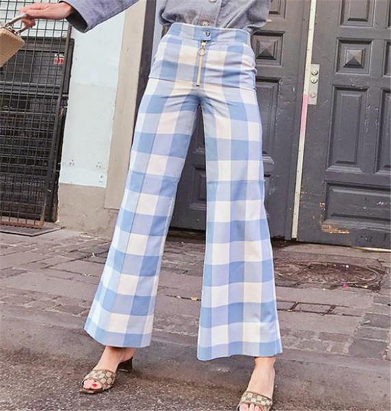 Pantaloni lungi de dama in carouri cu fermoar in rosu si albastru