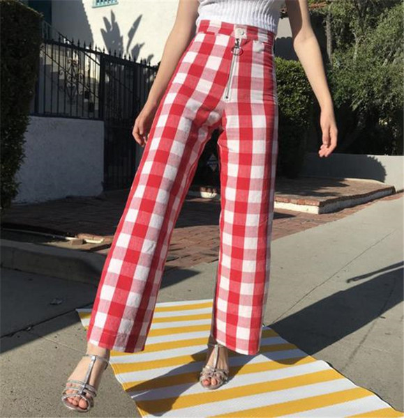 Pantaloni lungi de dama in carouri cu fermoar in rosu si albastru