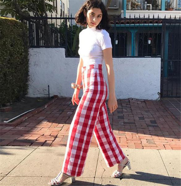 Pantaloni lungi de dama in carouri cu fermoar in rosu si albastru