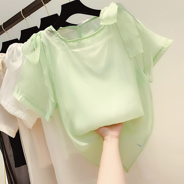 Cămașă de damă cu mâneci scurte și decor panglică în mai multe culori