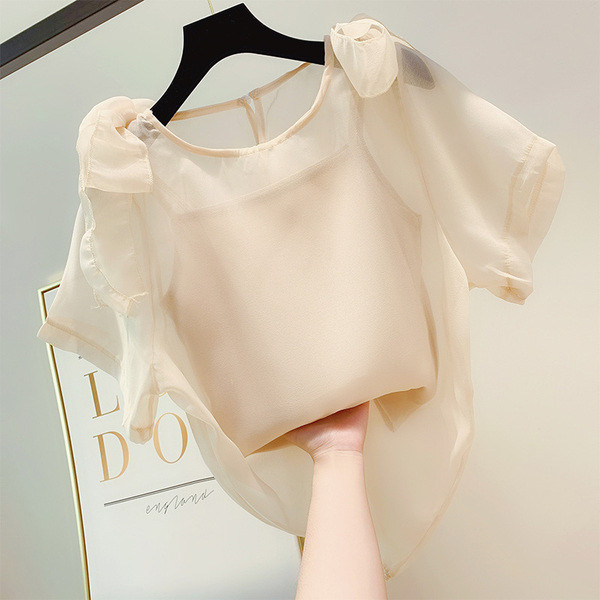 Cămașă de damă cu mâneci scurte și decor panglică în mai multe culori